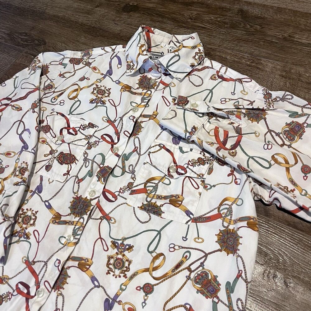 Vintage Hamilton Equestrian Print Shirt Fit Like Large Western USA Button Up AOP